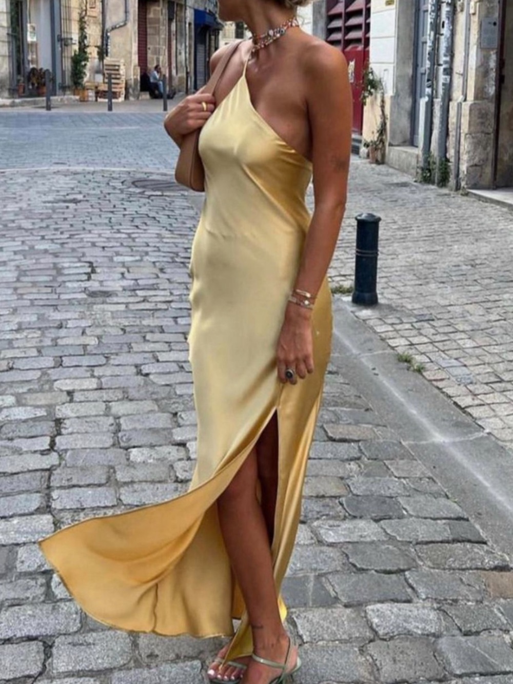 Commense One-Shoulder Satin Maxi Dress in Gold